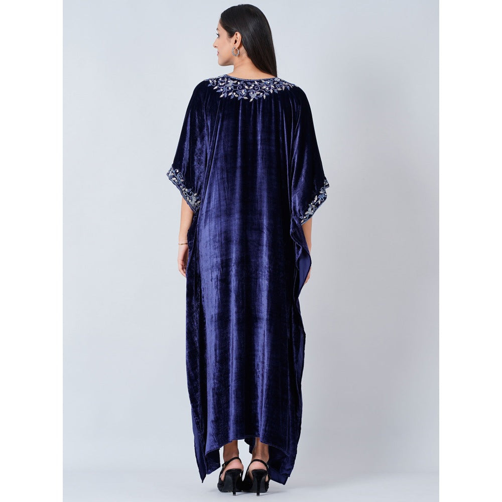 First Resort by Ramola Bachchan Navy Blue Hand Embroidered Silk Velvet Full Length Kaftan