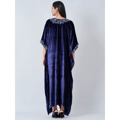 First Resort by Ramola Bachchan Navy Blue Hand Embroidered Silk Velvet Full Length Kaftan