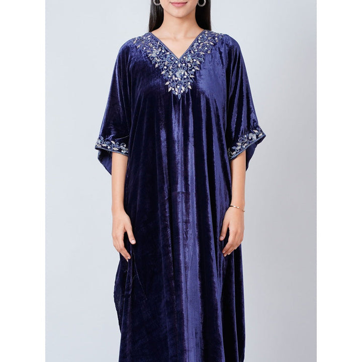 First Resort by Ramola Bachchan Navy Blue Hand Embroidered Silk Velvet Full Length Kaftan