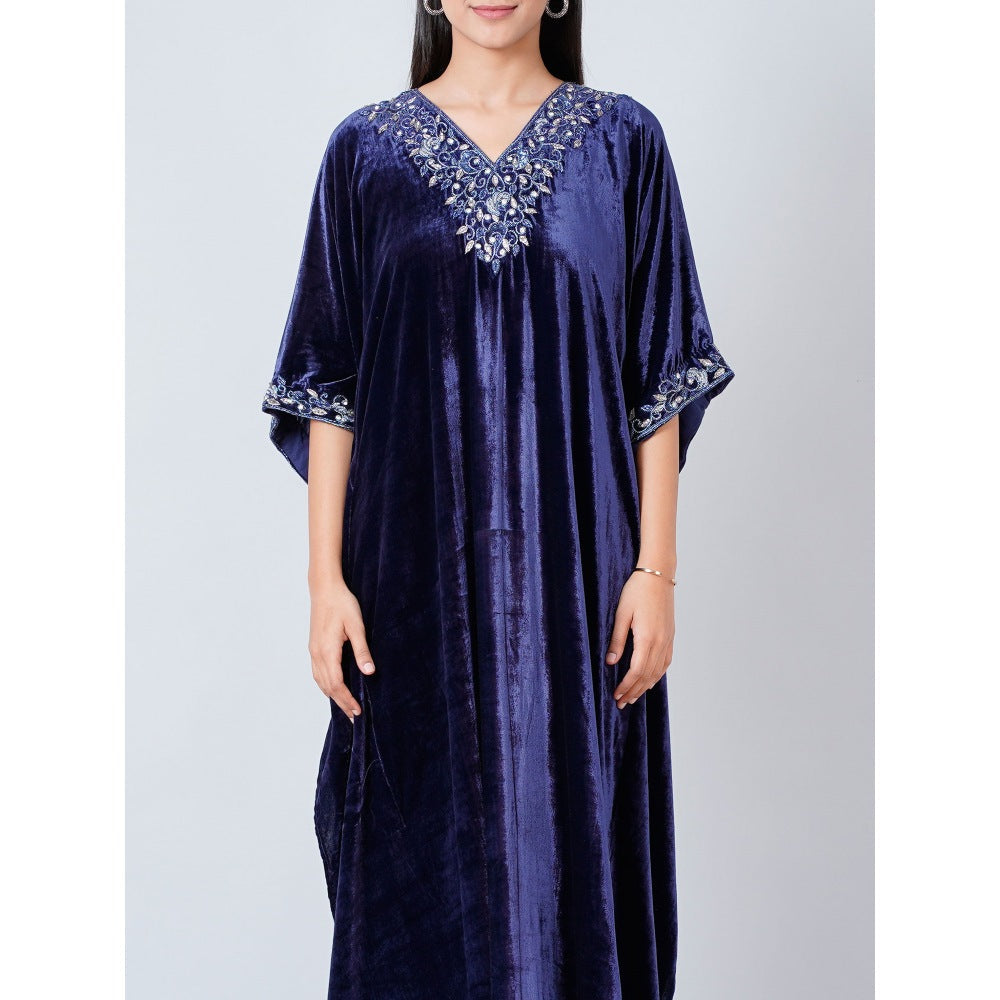 First Resort by Ramola Bachchan Navy Blue Hand Embroidered Silk Velvet Full Length Kaftan