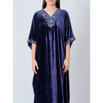 First Resort by Ramola Bachchan Navy Blue Hand Embroidered Silk Velvet Full Length Kaftan