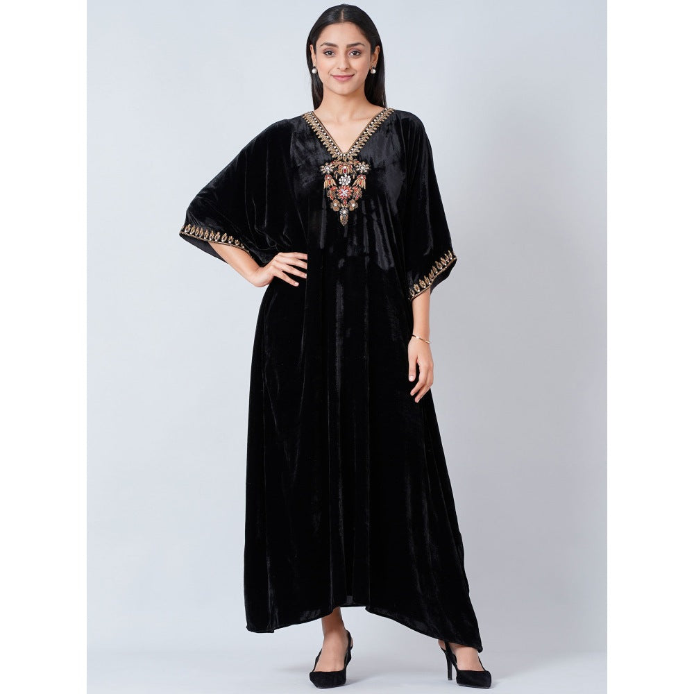 First Resort by Ramola Bachchan Black Gold Embroidered Silk Velvet Full Length Kaftan