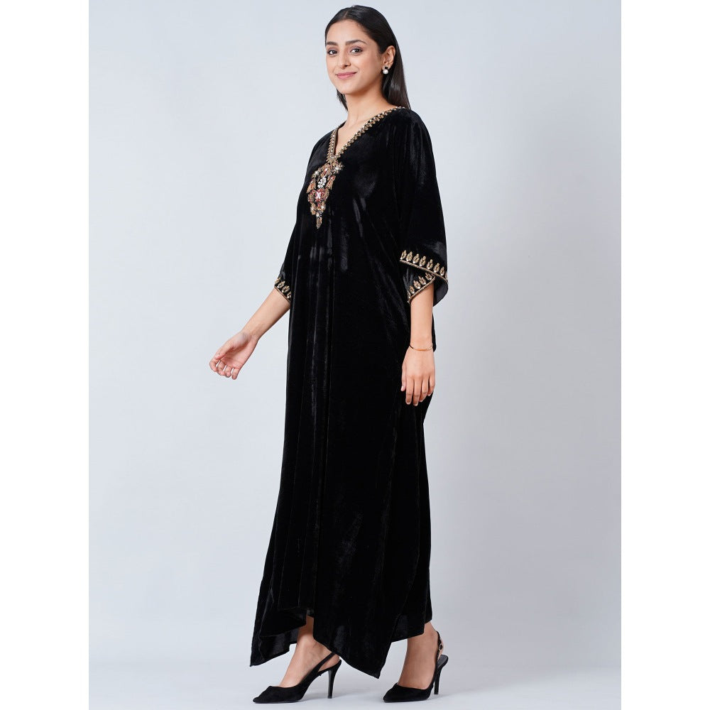 First Resort by Ramola Bachchan Black Gold Embroidered Silk Velvet Full Length Kaftan
