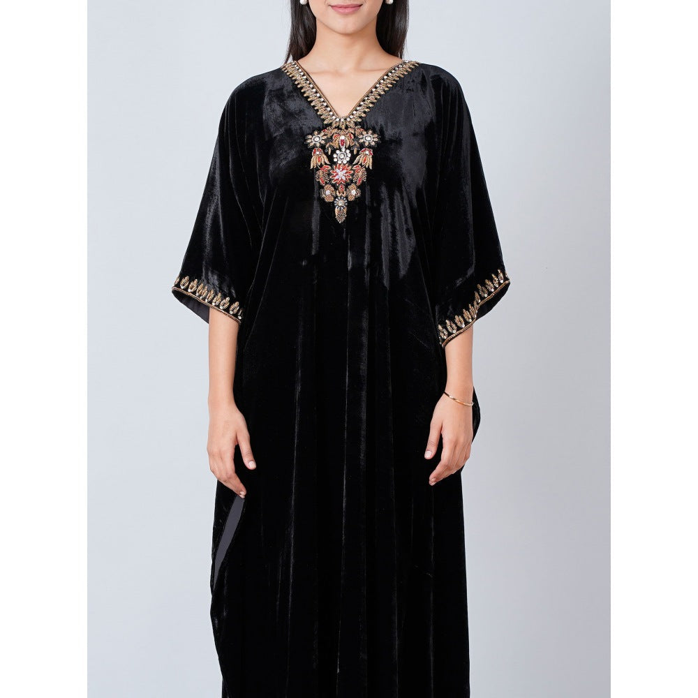 First Resort by Ramola Bachchan Black Gold Embroidered Silk Velvet Full Length Kaftan