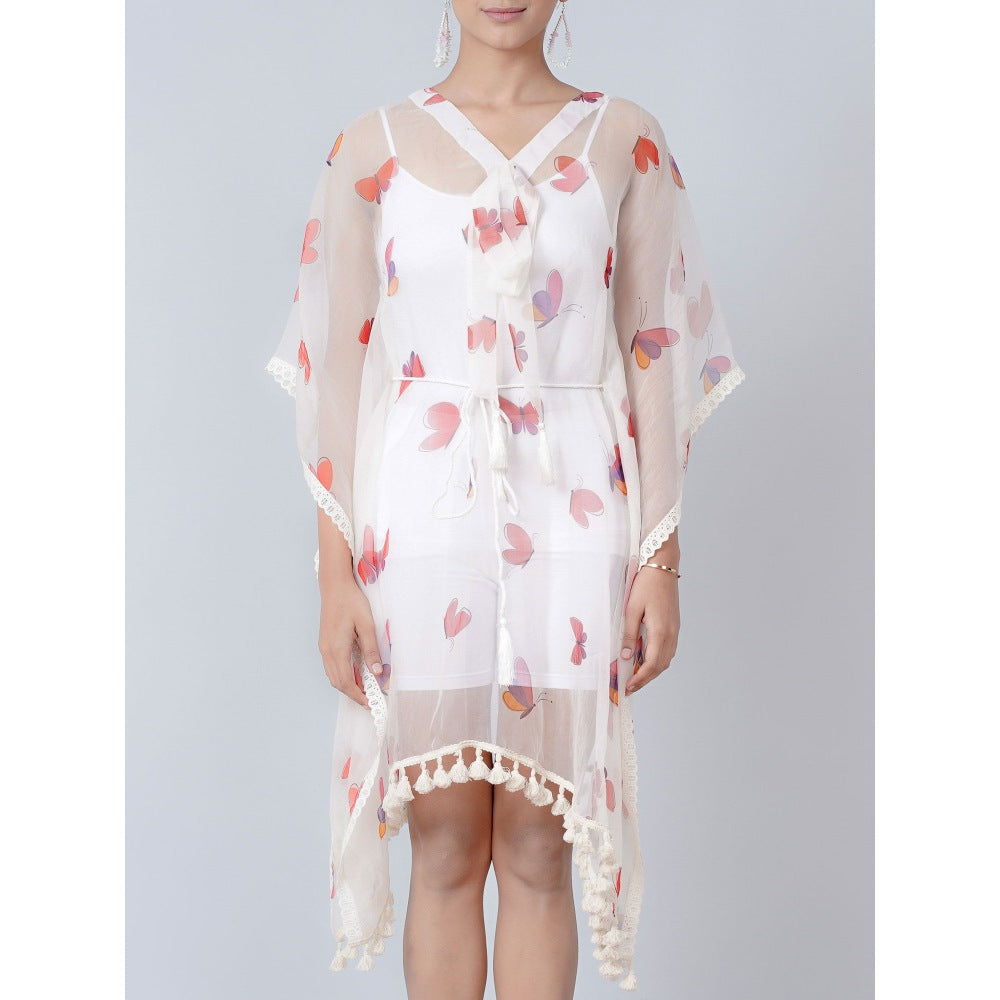 First Resort by Ramola Bachchan White Butterfly Mid Length Kaftan