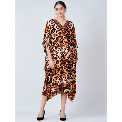 First Resort by Ramola Bachchan Brown Animal Print Silk Velvet Mid Length Kaftan