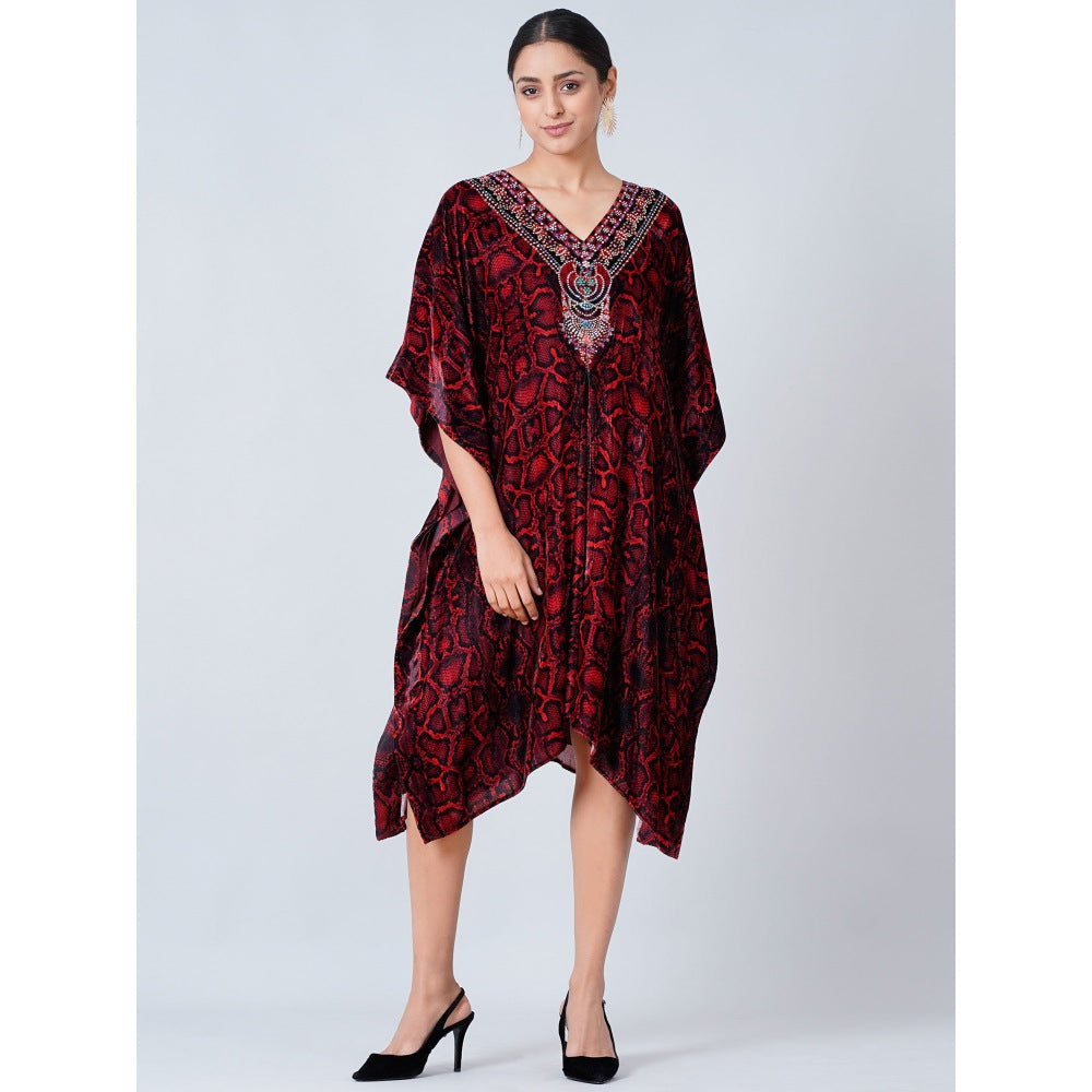 First Resort by Ramola Bachchan Maroon Animal Print Silk Velvet Mid Length Kaftan