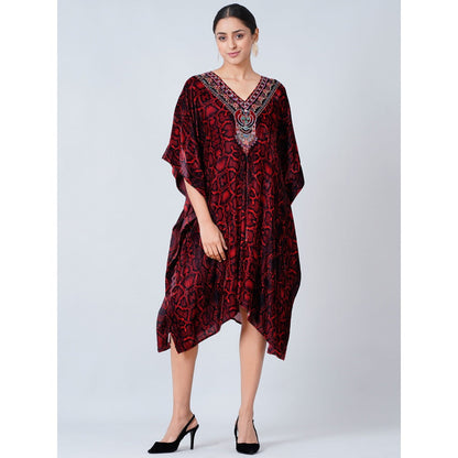 First Resort by Ramola Bachchan Maroon Animal Print Silk Velvet Mid Length Kaftan