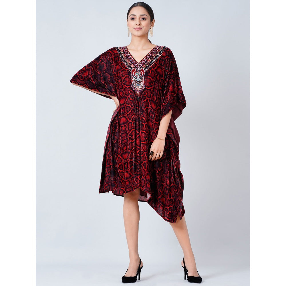 First Resort by Ramola Bachchan Maroon Animal Print Silk Velvet Mid Length Kaftan
