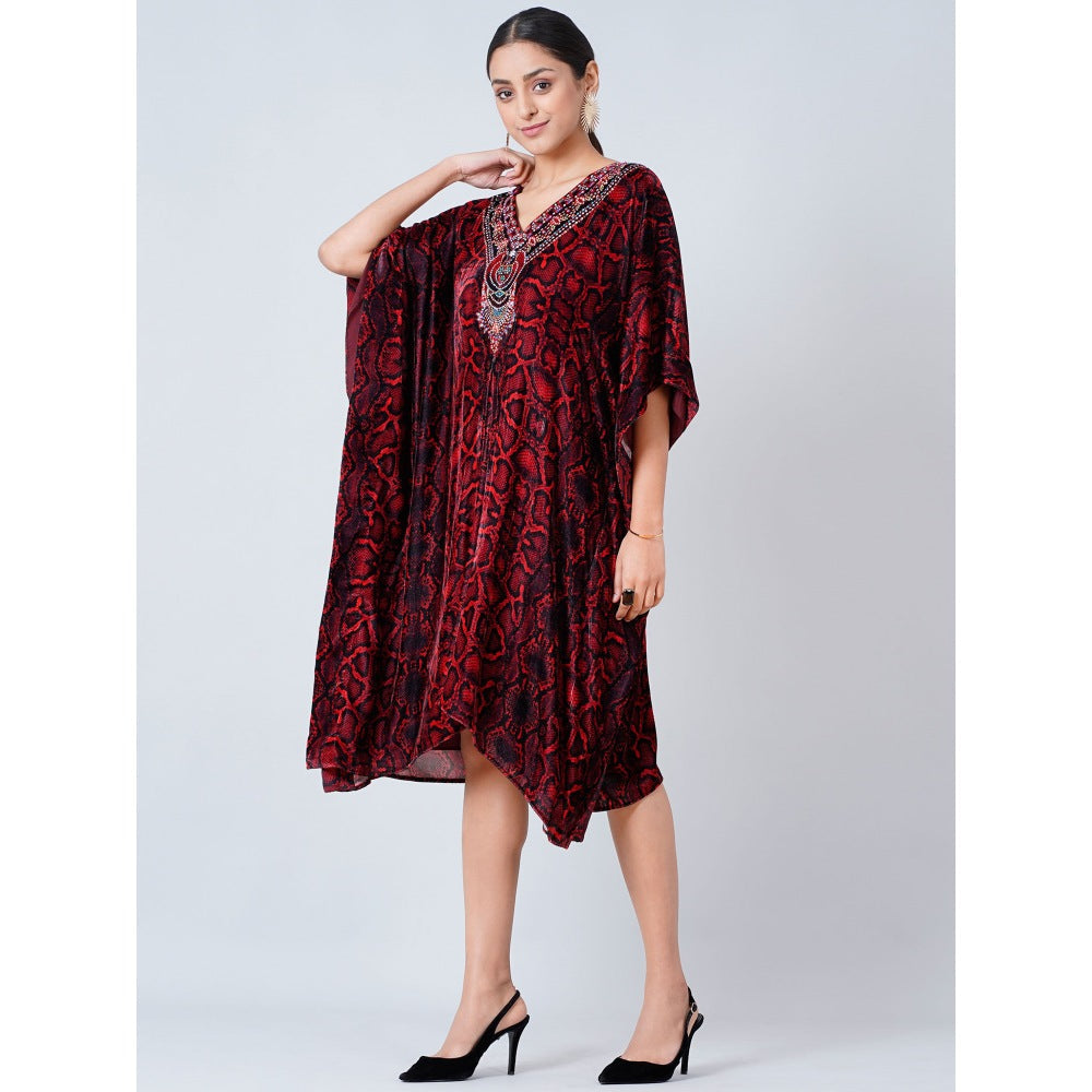 First Resort by Ramola Bachchan Maroon Animal Print Silk Velvet Mid Length Kaftan