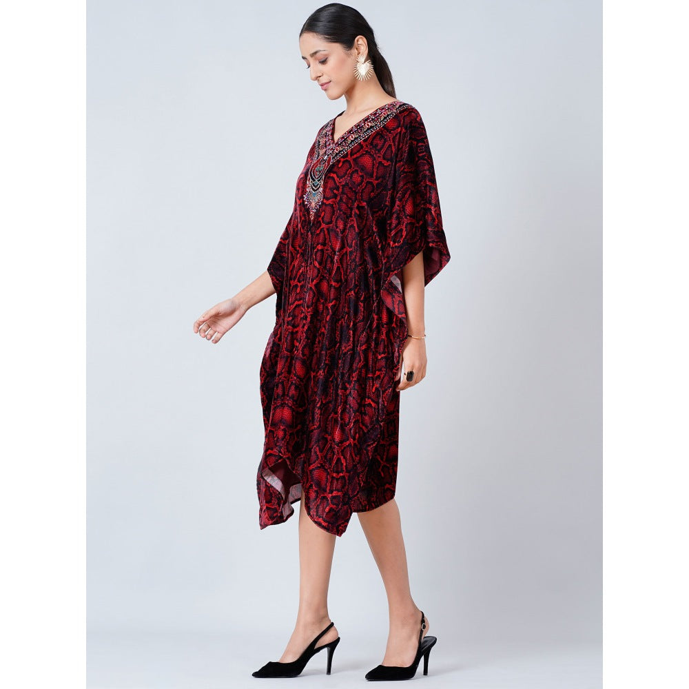 First Resort by Ramola Bachchan Maroon Animal Print Silk Velvet Mid Length Kaftan