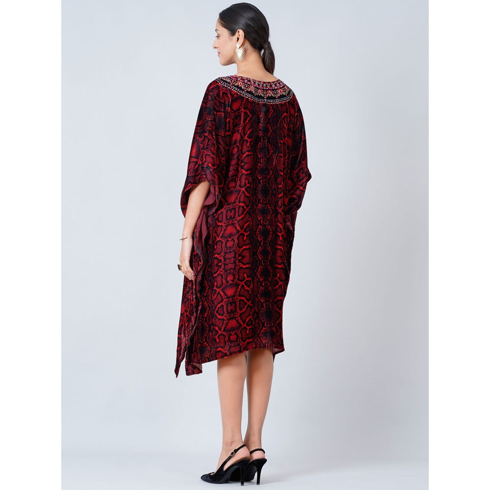 First Resort by Ramola Bachchan Maroon Animal Print Silk Velvet Mid Length Kaftan