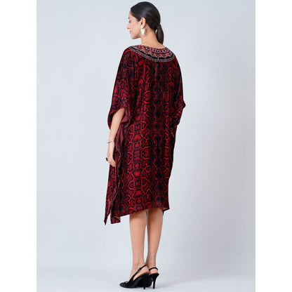 First Resort by Ramola Bachchan Maroon Animal Print Silk Velvet Mid Length Kaftan