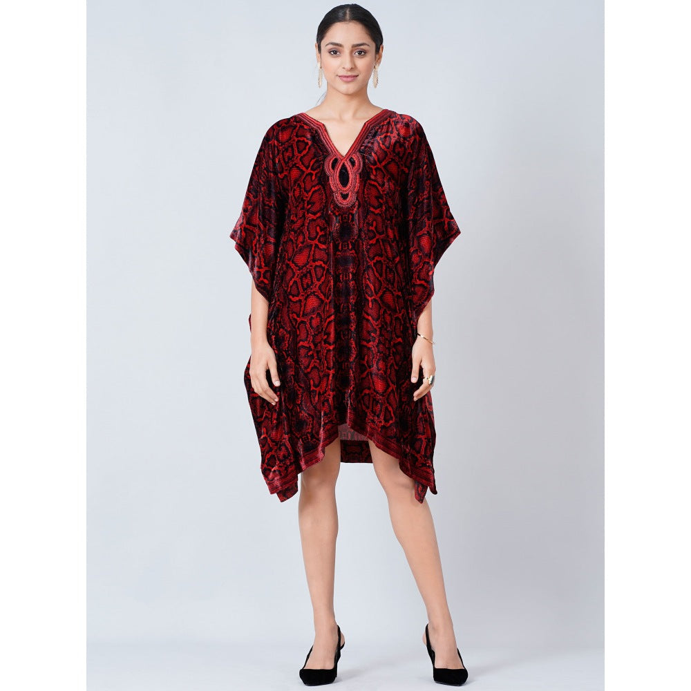 First Resort by Ramola Bachchan Maroon Hand Embroidered Animal Print Silk Velvet Kaftan Tunic