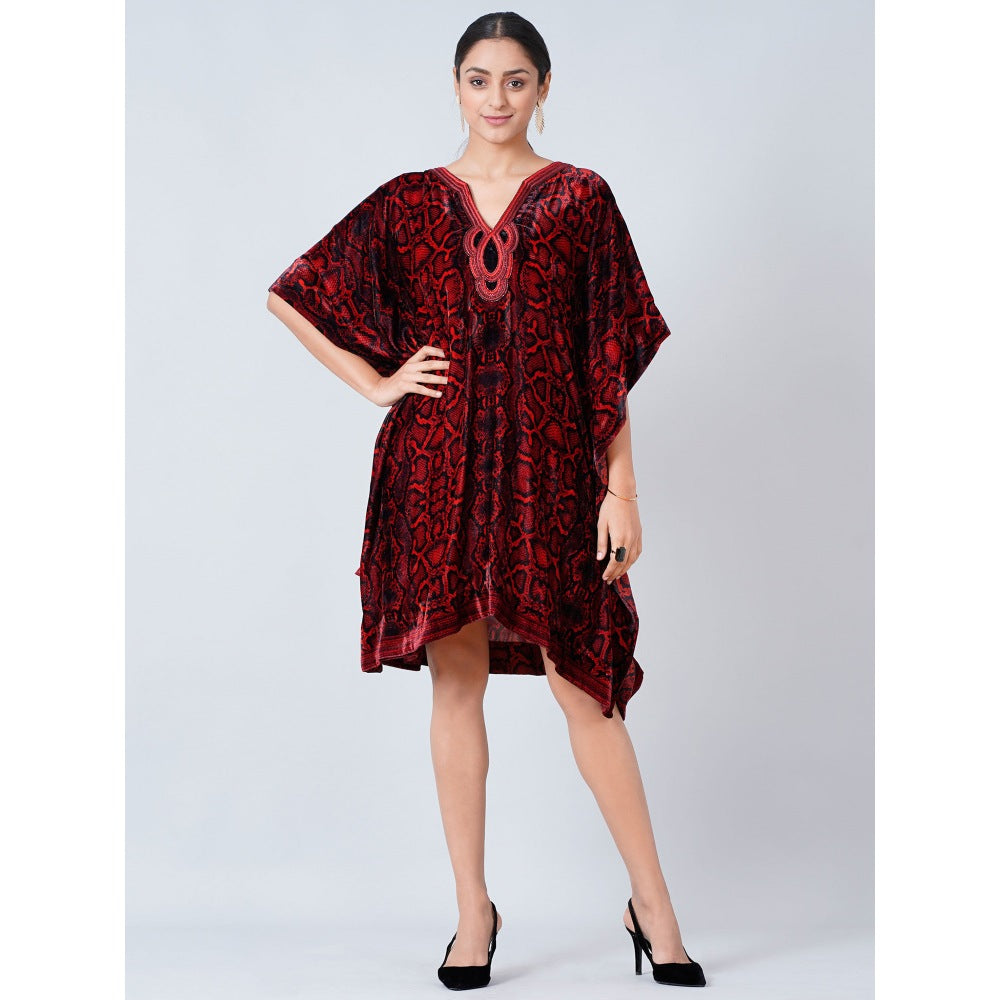 First Resort by Ramola Bachchan Maroon Hand Embroidered Animal Print Silk Velvet Kaftan Tunic