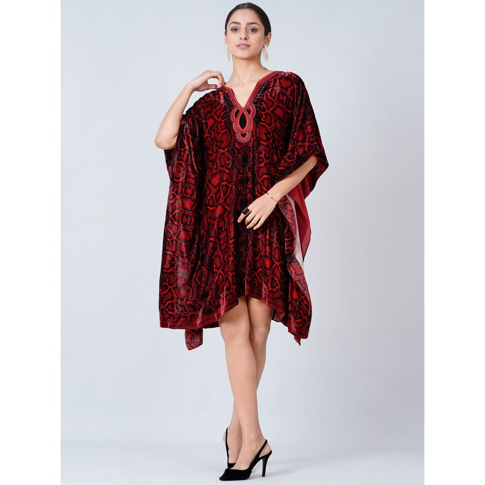 First Resort by Ramola Bachchan Maroon Hand Embroidered Animal Print Silk Velvet Kaftan Tunic