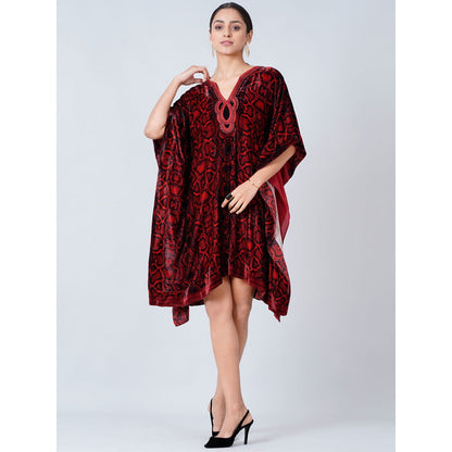 First Resort by Ramola Bachchan Maroon Hand Embroidered Animal Print Silk Velvet Kaftan Tunic