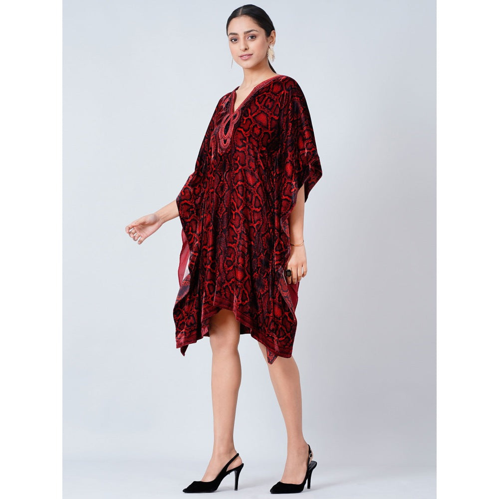 First Resort by Ramola Bachchan Maroon Hand Embroidered Animal Print Silk Velvet Kaftan Tunic