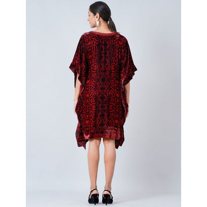 First Resort by Ramola Bachchan Maroon Hand Embroidered Animal Print Silk Velvet Kaftan Tunic