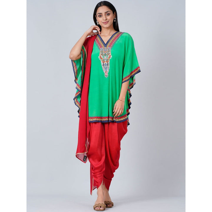 First Resort by Ramola Bachchan Green Embellished Tunic with Dhoti Pants & Dupatta (Set of 3)