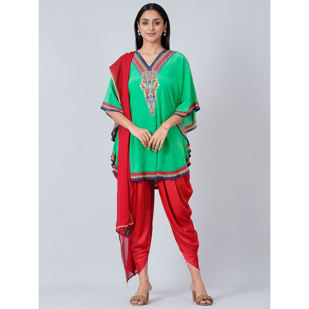 First Resort by Ramola Bachchan Green Embellished Tunic with Dhoti Pants & Dupatta (Set of 3)