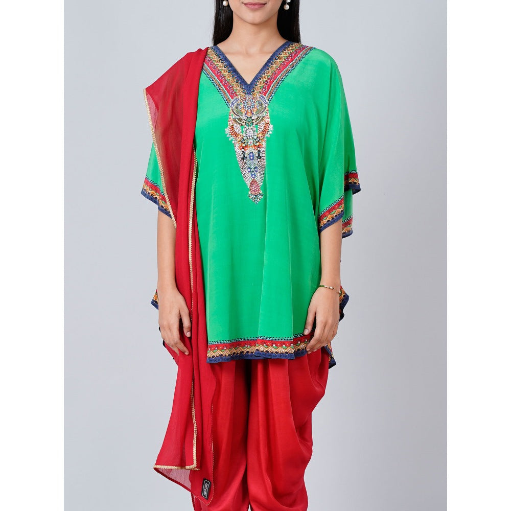 First Resort by Ramola Bachchan Green Embellished Tunic with Dhoti Pants & Dupatta (Set of 3)