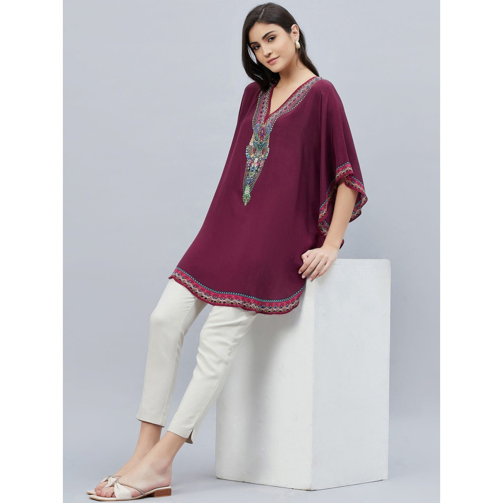 First Resort by Ramola Bachchan Maroon Silk Embellished Tunic