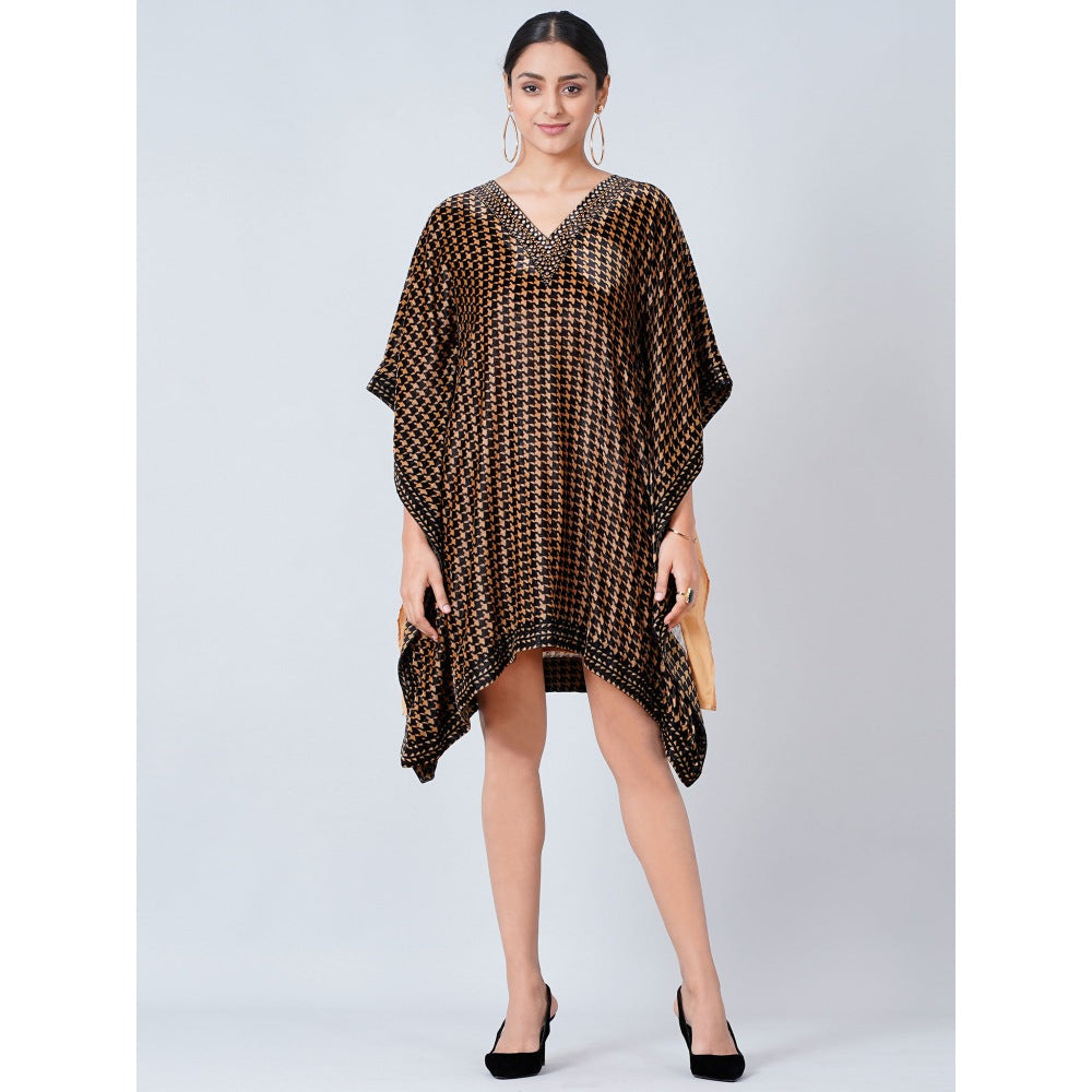 First Resort by Ramola Bachchan Brown Crystal Embellished Houndstooth Silk Velvet Tunic