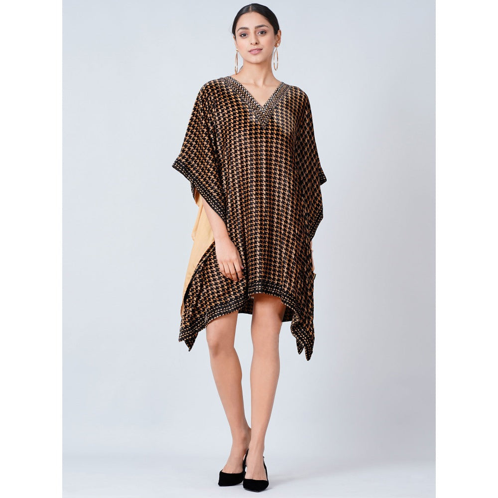 First Resort by Ramola Bachchan Brown Crystal Embellished Houndstooth Silk Velvet Tunic