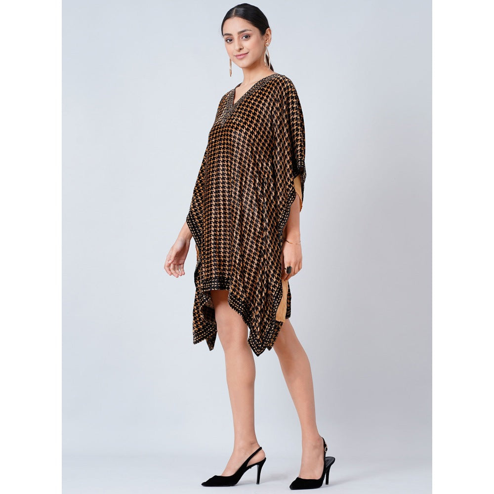 First Resort by Ramola Bachchan Brown Crystal Embellished Houndstooth Silk Velvet Tunic