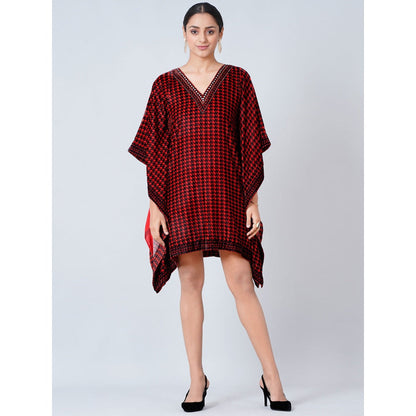 First Resort by Ramola Bachchan Maroon Crystal Embellished Houndstooth Silk Velvet Tunic