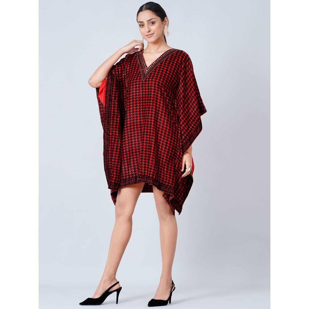 First Resort by Ramola Bachchan Maroon Crystal Embellished Houndstooth Silk Velvet Tunic