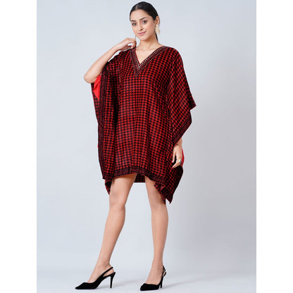 First Resort by Ramola Bachchan Maroon Crystal Embellished Houndstooth Silk Velvet Tunic