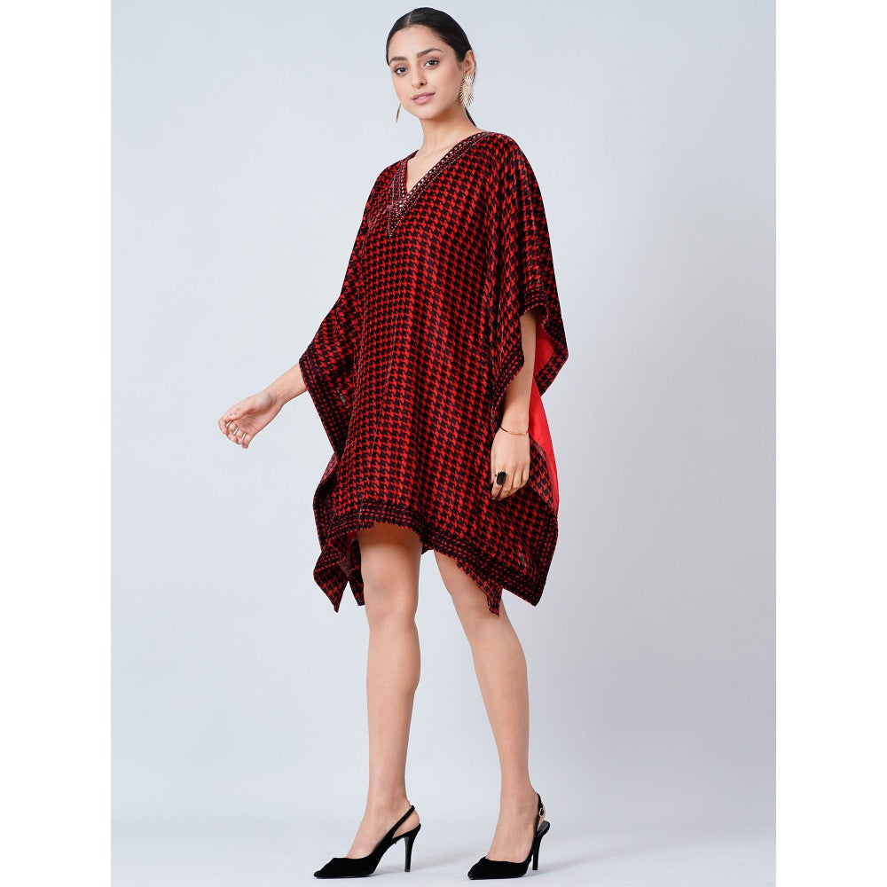 First Resort by Ramola Bachchan Maroon Crystal Embellished Houndstooth Silk Velvet Tunic