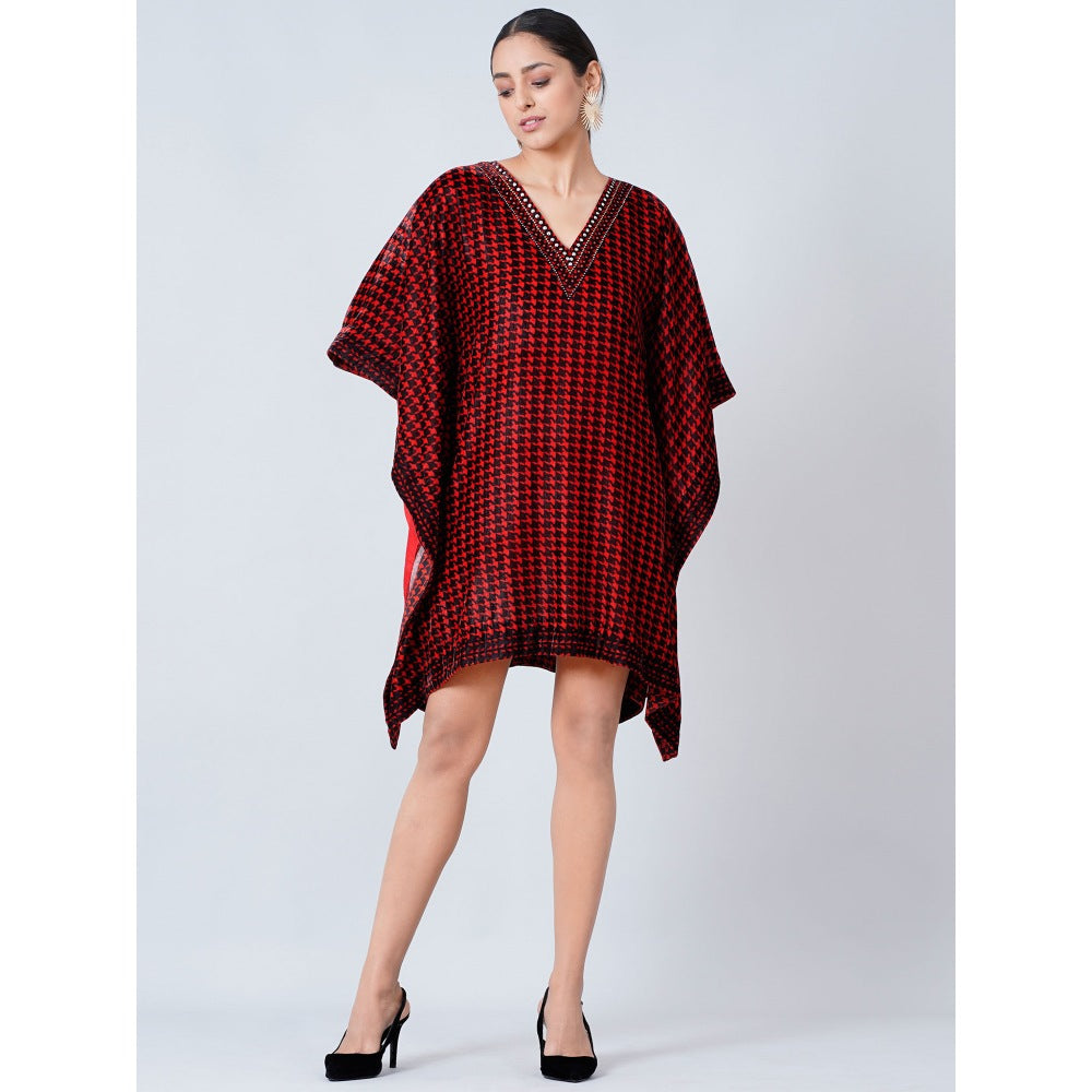 First Resort by Ramola Bachchan Maroon Crystal Embellished Houndstooth Silk Velvet Tunic