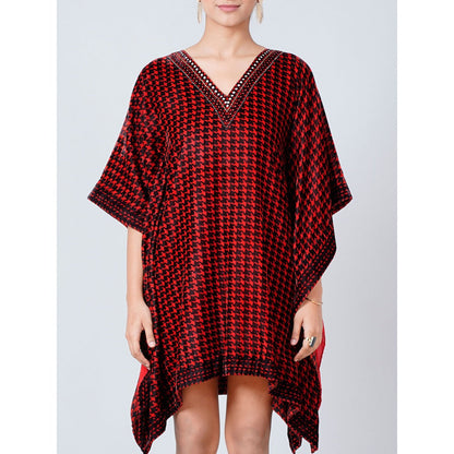 First Resort by Ramola Bachchan Maroon Crystal Embellished Houndstooth Silk Velvet Tunic