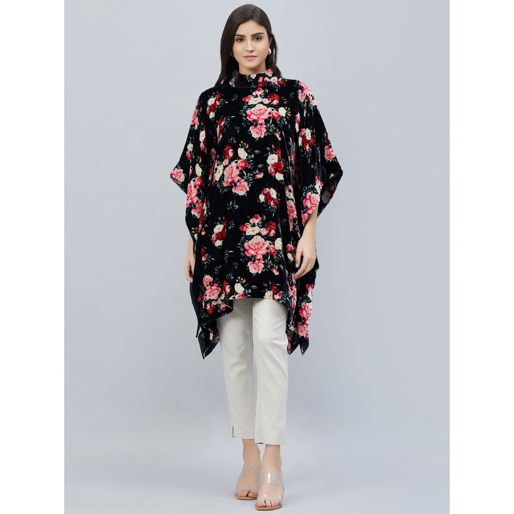 First Resort by Ramola Bachchan Black and Red Floral Crystal Studded Silk Velvet Tunic