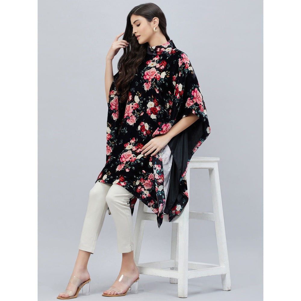 First Resort by Ramola Bachchan Black and Red Floral Crystal Studded Silk Velvet Tunic