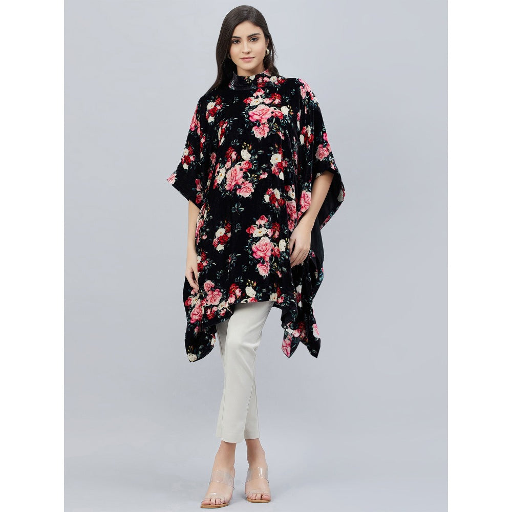 First Resort by Ramola Bachchan Black and Red Floral Crystal Studded Silk Velvet Tunic