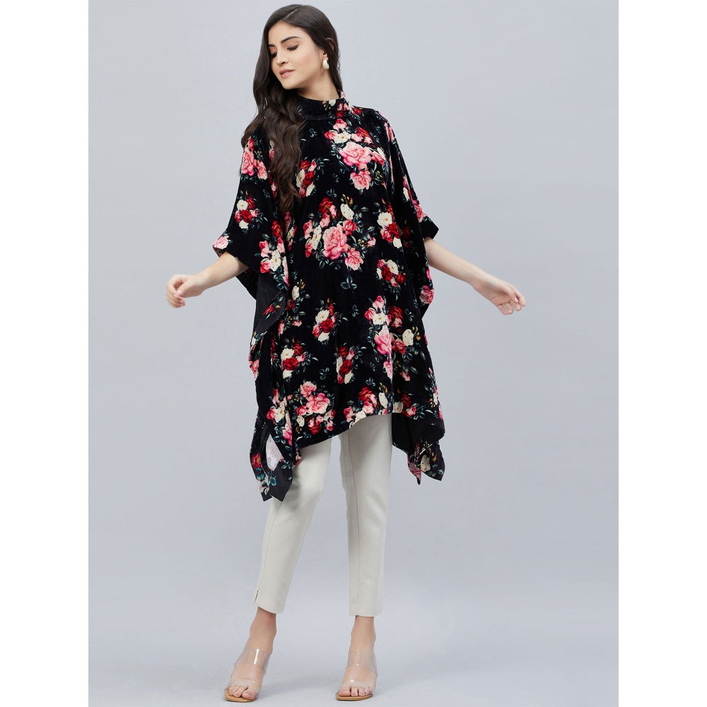 First Resort by Ramola Bachchan Black and Red Floral Crystal Studded Silk Velvet Tunic