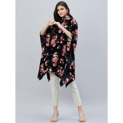 First Resort by Ramola Bachchan Black and Red Floral Crystal Studded Silk Velvet Tunic