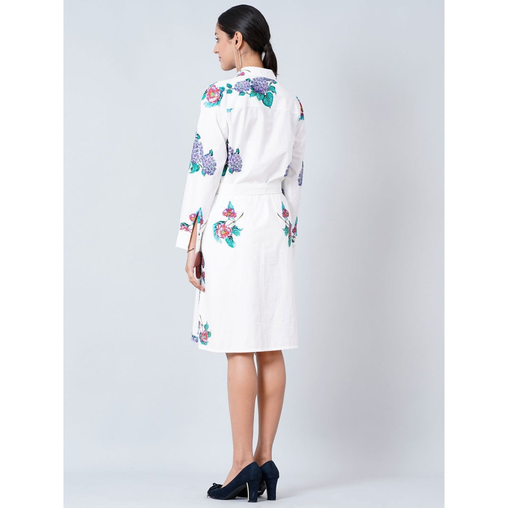 First Resort by Ramola Bachchan White Embellished Floral Shirt Dress (Set of 2)