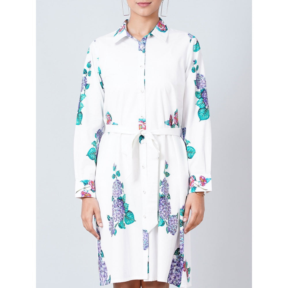 First Resort by Ramola Bachchan White Embellished Floral Shirt Dress (Set of 2)