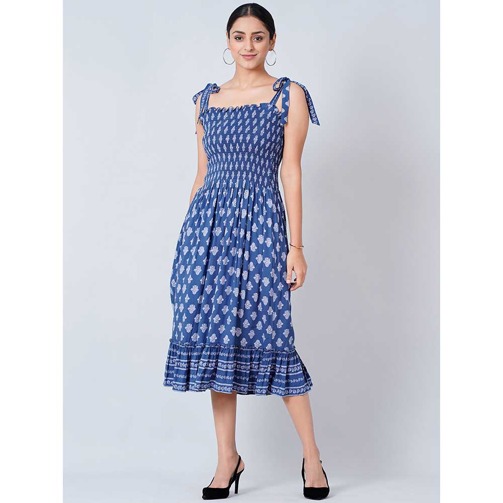 First Resort by Ramola Bachchan Blue Midi Smocked Sundress