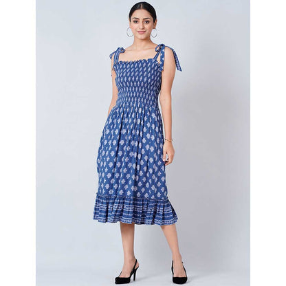 First Resort by Ramola Bachchan Blue Midi Smocked Sundress