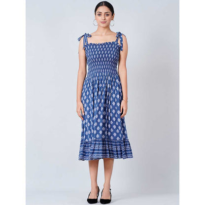 First Resort by Ramola Bachchan Blue Midi Smocked Sundress
