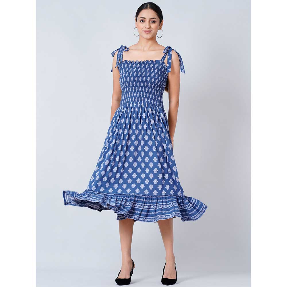 First Resort by Ramola Bachchan Blue Midi Smocked Sundress