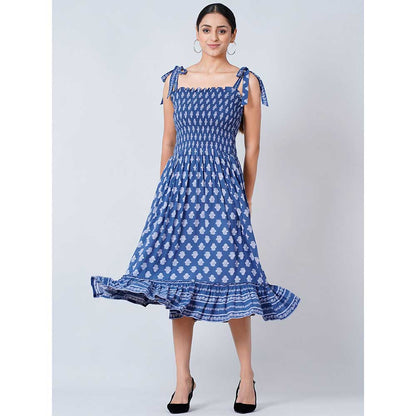 First Resort by Ramola Bachchan Blue Midi Smocked Sundress