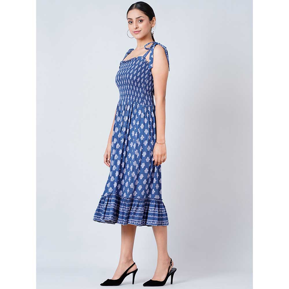 First Resort by Ramola Bachchan Blue Midi Smocked Sundress