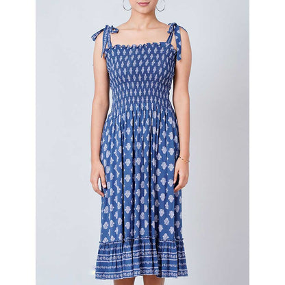 First Resort by Ramola Bachchan Blue Midi Smocked Sundress